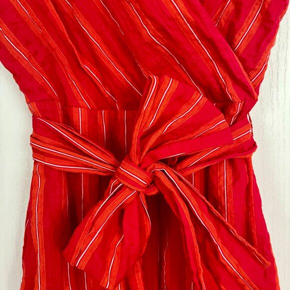 Tristan Red Striped Faux Wrap Cotton Blend V Neck Dress with Tie Belt Cap Sleeve - Picture 6 of 15